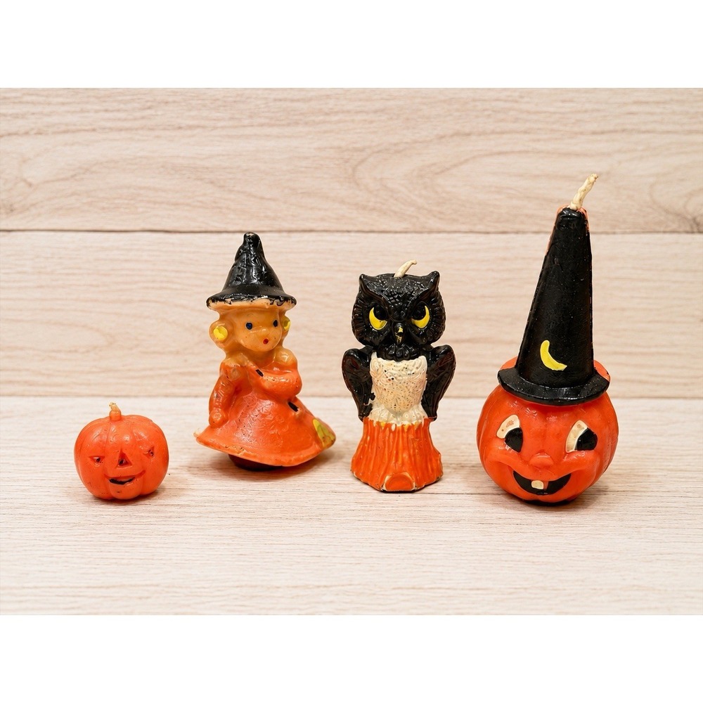 Vintage Gurley Halloween Candles Lot 4 Witch Owl Jack O Lantern Pumpkin Label